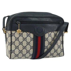 GUCCI GG Supreme Sherry Line Shoulder Bag PVC Navy Gold Red Auth ep12238